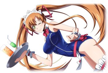 1girl artist_request bare_shoulders blue_one-piece_swimsuit blush bow bowtie breasts closed_mouth code_geass code_geass:_lost_stories covered_navel cropped_legs cup detached_collar drink drinking_glass drinking_straw dutch_angle female_focus frilled_thigh_strap frilled_wristband game_cg green_eyes hair_ribbon hand_up happy highres holding holding_drink holding_tray light_blush long_hair looking_at_viewer maid_headdress medium_breasts non-web_source official_art one-piece_swimsuit one_eye_closed orange_hair raised_eyebrows red_bow red_bowtie red_ribbon ribbon shirley_fenette sidelocks simple_background skin_tight smile standing swimsuit thigh_strap thighs transparent_background tray twintails waitress wink