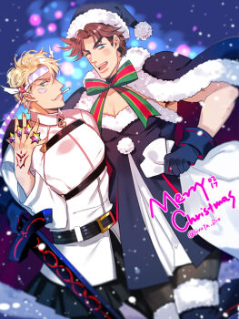 2boys artoria_pendragon_(fate) battle_tendency black_pantyhose blue_eyes blush boots breasts brown_hair caesar_anthonio_zeppeli cape chaldea_uniform christmas cigarette cleavage command_spell cosplay crossdressing crossdressing_(mtf) crossover dress excalibur_morgan_(fate) facial_mark fang fate/grand_order fate_(series) fujimaru_ritsuka_(male) fujimaru_ritsuka_(male)_(cosplay) fur_trim gloves green_eyes hat hatoyama_itsuru jojo_no_kimyou_na_bouken joseph_joestar joseph_joestar_(young) male_focus mouth_hold multiple_boys one_eye_closed pantyhose ribbon saber_alter sack saint_quartz_(fate) santa_alter santa_alter_(cosplay) santa_hat snowing thigh_boots thighhighs