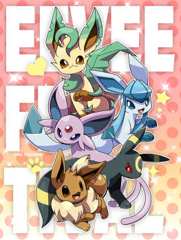 blue_eyes brown_eyes commentary_request eevee espeon evolutionary_line full_body gen_1_pokemon gen_2_pokemon gen_4_pokemon glaceon heart kumano_sakunosuke leafeon nintendo no_humans open_mouth pokemon pokemon_(creature) purple_eyes red_eyes sparkle star_(symbol) umbreon