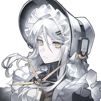 1girl absurdres apron bonnet chinese_commentary commentary expressionless facial_mark from_side haicma:_starveil_(pgr) haicma_(pgr) hair_between_eyes hair_intakes headgear highres looking_at_viewer looking_to_the_side maid maid_apron maid_headdress mark_under_both_eyes prototype_design punishing:_gray_raven sideways_glance simple_background solo ting_zhi_yue white_background white_bonnet white_hair yellow_eyes