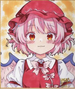 1girl :3 animal_ears bird_ears bird_wings blush brown_dress brown_eyes brown_hat closed_mouth collared_shirt commentary_request dated dress hat highres hoshi_tea_party looking_at_viewer mystia_lorelei pink_hair shikishi shirt signature smile solo touhou traditional_media white_shirt wings