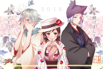 1girl 2boys animal animal_ears commentary_request covering_face crossed_arms dated fingers_to_mouth floral_background floral_print fox_boy fox_ears green_eyes grey_hair hands_on_own_face haori hat japanese_clothes kamisama_hajimemashita kimono looking_at_viewer mamoru_(kamisama_hajimemashita) mizuki_(kamisama_hajimemashita) monkey multiple_boys orange_eyes rikunaminato scarf short_hair three_monkeys tomoe_(kamisama_hajimemashita) translation_request upper_body white_background