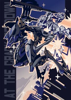 armored_core armored_core_vi:_fires_of_rubicon assault_rifle blue_background building english_text flying full_body gun highres kuroihato loader_4 mecha mecha_focus missile_pod no_humans one-eyed reverse-jointed_legs rifle robot science_fiction steel_haze thrusters weapon