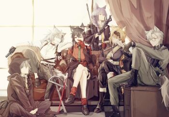 1boy 5girls adjusting_clothes adjusting_gloves alternate_costume animal_ears aosta_(arknights) arknights black_boots black_hair black_jacket black_pants black_shoes black_shorts blonde_hair boots braid cabinet chest_rig cigarette closed_mouth collared_shirt commentary couch crossed_legs curtains earrings extra_ears fingerless_gloves glasses glk_sier gloves green_eyes green_necktie grey_eyes grey_hair group_picture gun hair_intakes hair_ornament hairclip handgun headband highres holding holding_cigarette holding_gun holding_weapon holster hood hood_up hooded_jacket horn_(arknights) indian_style indoors jacket jewelry knee_up lace-up_boots lappland_(arknights) long_hair long_sleeves looking_at_another looking_at_viewer military_uniform multiple_girls necktie on_couch on_floor pants projekt_red_(arknights) provence_(arknights) purple_hair red_gloves red_shirt rifle shirt shoes short_sleeves shorts shoulder_holster side_braid sitting smile smoking sniper_rifle species_connection standing sword tail texas_(arknights) texas_(willpower)_(arknights) thigh_strap watch weapon white_hair white_shirt window wolf_boy wolf_ears wolf_girl wolf_tail wristwatch yellow_eyes yellow_necktie
