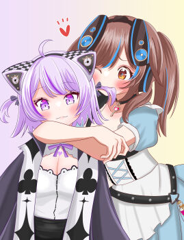 2girls absurdres ahoge arms_around_neck biting_hair black_choker black_hairband blue_dress blush bow_hairband brown_eyes brown_hair cat_girl chest_belt chest_harness choker closed_mouth commentary_request dog_girl dress gradient_background hairband harness heart highres hololive inugami_korone inugami_korone_(wonderland) jewelry key key_choker key_necklace long_hair looking_at_another looking_at_viewer mahadara multicolored_hair multiple_girls necklace nekomata_okayu nekomata_okayu_(wonderland) o-ring o-ring_choker official_alternate_costume official_alternate_hairstyle one_eye_closed pink_background potion purple_eyes purple_hair shirt short_hair simple_background smile streaked_hair swept_bangs two_side_up upper_body vial virtual_youtuber white_background white_shirt yuri