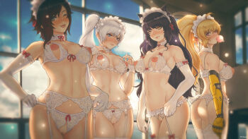 4girls ;p ahoge animal_ears ass backlighting black_hair blake_belladonna blonde_hair blue_eyes blush bra breasts brown_hair cat_ears choker crotchless crotchless_panties day elbow_gloves garter_belt garter_straps gloves grey_eyes inverted_nipples kuon_(kwonchanji) lace lace-trimmed_bra lace-trimmed_panties lace_trim large_areolae large_breasts lingerie long_hair looking_back made_in_2018 maid_headdress mechanical_arms medium_breasts multiple_girls nippleless_clothes nipples one_eye_closed panties ponytail puffy_nipples purple_eyes pussy red_ribbon ribbon ruby_rose rwby short_hair siblings side_ponytail single_mechanical_arm sisters tongue tongue_out uncensored underwear underwear_only weiss_schnee white_choker white_gloves white_hair window yang_xiao_long yellow_eyes