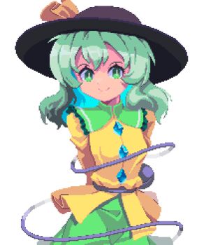 1girl arms_behind_back closed_mouth commentary frills green_eyes green_hair green_skirt hair_between_eyes hat komeiji_koishi looking_at_viewer medium_hair pixel_art potemki11 shirt skirt smile solo third_eye touhou upper_body white_background yellow_shirt