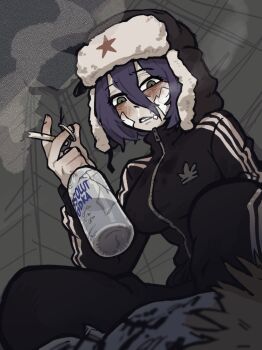 adidas alcohol chainsaw_man cigar cigarette denji_(chainsaw_man) drunk grenade_pin hat highres holding holding_cigar pull_cord reze_(chainsaw_man) runny_nose russian_clothes snot squatting track_suit ushanka vodka