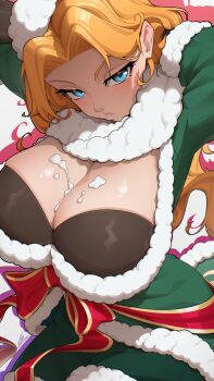 1girl arms_behind_head bleach bleach:_brave_souls blue_eyes breasts christmas cum cum_on_body cum_on_breasts cum_on_upper_body female_focus fur_trim highres large_breasts light_blush lips long_hair matsumoto_rangiku official_alternate_costume orange_hair parted_lips shiny_skin simple_background solo solo_focus tettora white_background