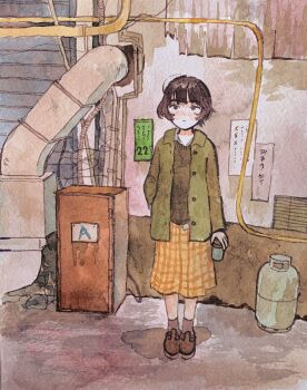 Rule 34 | 1girl, :|, ahoge, air duct, alley, black eyes, black hair, black shoes, black sweater, blush, bob cut, closed mouth, collared shirt, expressionless, grate, green jacket, grey socks, highres, hose, industrial pipe, io (onisarashi), jacket, looking ahead, nose blush, open clothes, open jacket, orange skirt, original, outdoors, painterly, painting (medium), plaid clothes, plaid skirt, propane tank, shirt, shoes, short hair, sign, skirt, socks, solo, standing, sweater, traditional media, watercolor (medium), white shirt