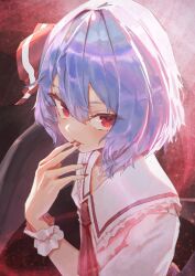 Rule 34 | 1girl, absurdres, ascot, blue hair, frills, hair between eyes, hair ribbon, highres, licking, licking finger, looking at viewer, nepperoni, no headwear, red ascot, red eyes, red nails, red ribbon, remilia scarlet, ribbon, short hair, short sleeves, simple background, touhou, upper body, wrist cuffs