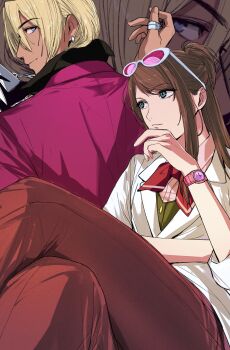 1boy 1girl ace_attorney amikoiiko apollo_justice:_ace_attorney arm_up black_shirt blonde_hair blue_eyes brown_hair brown_pants chain chain_necklace crossed_legs dark-skinned_male dark_skin dress_shirt earrings ema_skye eyewear_on_head fingernails green_vest half_updo hand_on_own_arm hand_on_own_chin highres initial jacket jewelry klavier_gavin lab_coat lapels light_smile long_hair long_sleeves looking_at_another looking_back medium_hair middle_ring mismatched_eyebrows multiple_rings neckerchief necklace notched_lapels pants pink-tinted_eyewear pink_lips pink_shirt popped_collar purple_jacket red_neckerchief ring round_eyewear shirt single_earring sleeves_rolled_up suit_jacket sunglasses thumb_ring tinted_eyewear upper_body vest waistcoat watch white-framed_eyewear white_background wristwatch zoom_layer