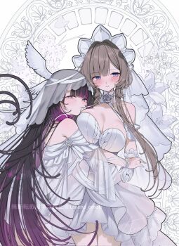 2girls arm_around_another's_waist bare_shoulders black_hair blue_eyes blush bonnet breast_rest breasts bridal_veil bride brown_hair cleavage closed_mouth columbina_(genshin_impact) commentary_request detached_collar detached_sleeves dress flower genshin_impact gloves head_wings highres jewelry large_breasts lily_(flower) long_hair long_sidelocks looking_at_viewer mouth_hold multicolored_hair multiple_girls purple_eyes purple_hair ribbon ribbon_in_mouth ring sandrone_(genshin_impact) short_hair_with_long_locks sidelocks smile strapless strapless_dress streaked_hair takeno_omoti two-tone_hair veil wedding_dress wedding_ring white_dress white_flower white_gloves white_headdress white_wings wife_and_wife wings yuri
