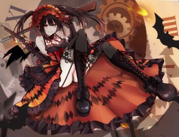 1girl antique_firearm asymmetrical_dual_wielding bare_shoulders black_boots black_hair boots breasts cleavage clock_eyes clockwork date_a_live detached_sleeves dress dual_wielding firearm firelock flintlock frilled_dress frilled_hairband frills grin gun hairband heterochromia highres holding lace-up_boots lolita_fashion lolita_hairband long_hair looking_at_viewer medium_breasts red_dress red_eyes roman_numeral saint_laurent_paris smile solo symbol-shaped_pupils thigh_strap thighhighs tokisaki_kurumi tokisaki_kurumi_(spirit) twintails two-tone_dress weapon yellow_eyes
