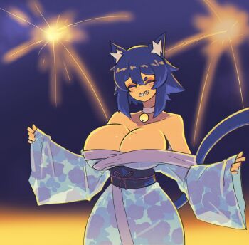 1girl absurdres animal_ear_fluff animal_ears bare_shoulders bell blue_hair blue_kimono blurry blurry_background blush breasts cat_ears cat_girl cat_tail choker cleavage closed_eyes collarbone cowboy_shot doce female_focus fireworks freckles freckles_on_breasts grin hair_between_eyes highres japanese_clothes jingle_bell kimono large_breasts night night_sky obi off_shoulder original sash sharp_teeth short_hair sky smile solo tail teeth xiao_(docecaedrus)