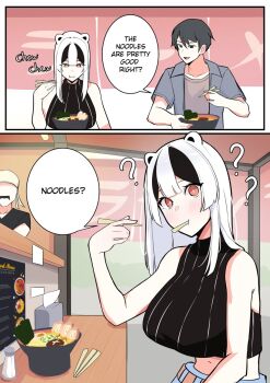 1boy 1girl ? ?? animal_ears bare_arms black_eyes black_shirt black_streaks blue_jacket bowl breasts chopsticks closed_mouth commentary confused double-parted_bangs eating eating_non-food english_commentary food grey_hair highres holding holding_chopsticks jacket large_breasts long_hair looking_at_another looking_at_viewer mirui09 multicolored_hair noodles open_clothes open_jacket open_mouth orange_eyes original panda_ears panda_girl ramen shirt short_hair sleeveless sleeveless_shirt smile streaked_hair white_hair