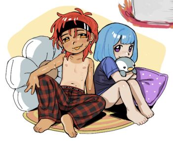 1boy 1girl baggy_pants barefoot blue_hair blue_shirt bob_cut carpet club_penguin collarbone fang freckles full_body hugging_object looking_at_another mole mole_on_stomach orange_eyes pants pillow polka_dot_pillow puffle_(club_penguin) purple_eyes red_hair red_pants shirt short_sleeves simple_background sitting smile snugglepuff28 striped_clothes striped_pants stuffed_animal stuffed_penguin stuffed_toy sweatdrop tan tanline tongue tongue_out topless_male