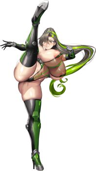 1girl bare_shoulders breasts clover_ace covered_erect_nipples gloves green_hair high_heels highres huge_breasts large_areolae last_origin leg_up long_hair looking_at_viewer nipples non-web_source obui official_alternate_costume official_art one-piece_swimsuit orange_eyes partially_visible_vulva see-through_clothes see-through_one-piece_swimsuit smile standing standing_on_one_leg swimsuit