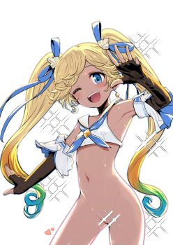 1girl blonde_hair blue_eyes blush bottomless breasts crop_top fingerless_gloves gloves granblue_fantasy heart highres io_(granblue_fantasy) loli looking_at_viewer navel one_eye_closed oni_b small_breasts smile solo sparkle sparkle_censor wet