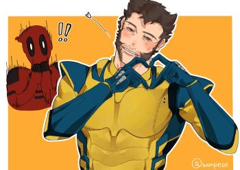 ! !! 2boys animification beard blue_bodysuit blue_gloves blush bodysuit brown_hair commentary_request deadpool deadpool_&amp;_wolverine deadpool_(series) facial_hair four-finger_heart_hands gloves green_eyes head_tilt heart heart_hands looking_at_viewer male_focus marvel motion_lines multicolored_bodysuit multiple_boys parted_lips pectorals red_bodysuit red_mask superhero_costume surprised twitter_username two-tone_bodysuit wolverine_(x-men) wonpese x-men