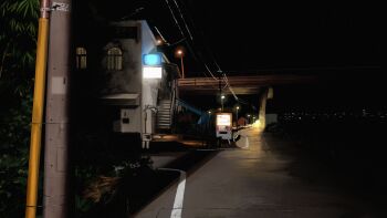 absurdres banken bridge building cable city_lights commentary_request highres lamppost night no_humans original plant road scenery shadow sky stairs street vending_machine