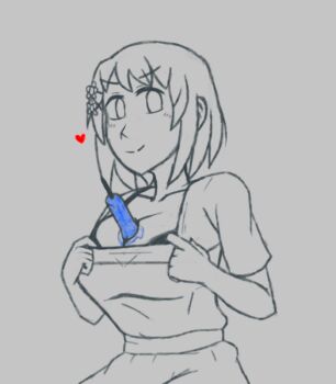 1girl alternate_costume azugarosu between_breasts bra breasts breasts_squeezed_together cleavage closed_mouth collarbone flower food hair_flower hair_ornament heart hirasawa_yui k-on! large_breasts looking_at_viewer popsicle shirt short_hair short_sleeves sketch skirt smile smug solo spot_color underwear