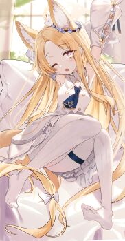 1girl absurdres animal_ears b_soyo1 bare_shoulders blonde_hair blue_archive breasts dress fox_ears halo highres loli looking_at_viewer pantyhose school_uniform seia_(blue_archive) small_breasts solo strap striped_clothes striped_pantyhose thigh_strap white_dress white_pantyhose yellow_eyes yellow_halo