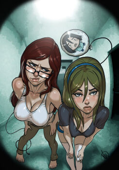 2026 2girls annoyed balloon blush breasts brown_hair character_request chibi cleavage commentary covered_erect_nipples door english_commentary facing_viewer fisheye full_body ganassa glasses hairband hands_on_own_knees hanging_breasts highres indoors leaning_forward lips long_hair looking_at_another looking_at_viewer multiple_girls muscular nose original red_hair side-by-side signature tank_top thighhighs