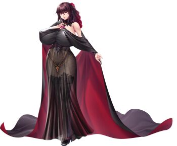 1girl aoi_nagisa_(metalder) black_thighhighs breasts brown_hair chain cloak convenient_censoring covered_erect_nipples dress full_body gold_chain hand_on_own_chest high_heels highres huge_breasts looking_at_viewer mature_female mizuki_shiranui mole mole_under_mouth nail_polish off-shoulder_dress off_shoulder official_art outstretched_hand red_eyes see-through_clothes see-through_dress smile solo taimanin_(series) taimanin_rpgx thighhighs transparent_background wide_hips