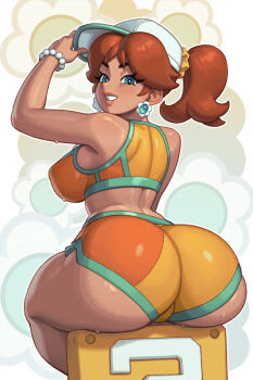 Rule 34 | 1girl, ? block, absurdres, adjusting clothes, adjusting headwear, ass, ass focus, bare shoulders, baseball cap, bracelet, breasts, brown hair, crop top, dark-skinned female, dark skin, earrings, feet out of frame, floral background, flower earrings, freckles, from behind, full body, grin, hand on headwear, hand up, hat, high ponytail, highres, huge ass, jewelry, large breasts, long eyelashes, looking at viewer, looking back, mario (series), mario kart, mario kart world, nintendo, official alternate costume, orange sports bra, parted lips, pearl bracelet, ponytail, princess daisy, princess daisy (swimwear) (mario kart world), riz, shorts, sitting, smile, solo, sports bra, sweat, swimsuit, two-tone shorts, two-tone sports bra, very sweaty, wet, white hat, yellow shorts, yellow sports bra