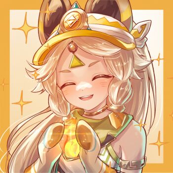 1girl ^_^ absurdres animal_ears armlet bare_shoulders blonde_hair blush border braid braided_sidelocks closed_eyes commentary_request facing_viewer gem genshin_impact highres holding holding_gem jewelry kachina_(genshin_impact) long_hair mittens neck_ring open_mouth outside_border sidelocks smile solo teeth upper_body upper_teeth_only visor_cap yellow_border yuno_kaihara