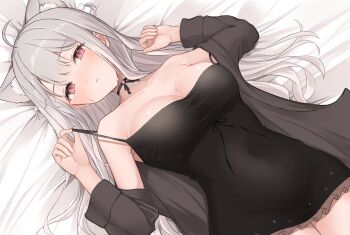 1girl absurdres ahoge animal_ear_fluff animal_ears black_chemise black_choker black_jacket blush breasts brown_eyes cat_ears cat_girl chemise choker cleavage covered_navel frilled_chemise grey_hair hair_ornament highres honome_sui indie_virtual_youtuber jacket large_breasts long_hair looking_at_viewer lying on_back open_clothes open_jacket parted_lips pom_pom_(clothes) pom_pom_hair_ornament sidelocks solo strap_lift strap_slip sweat uise_iu virtual_youtuber