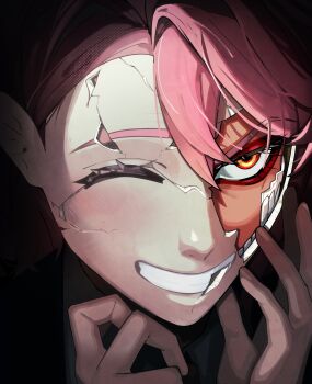 Rule 34 | 1girl, absurdres, acrobatic silky (dandadan), broken mask, commentary request, cracked kawaii mask, cracked mask, dandadan, eyeliner, highres, makeup, mask, pink hair, portrait, red eyeliner, red eyes, shiratori aira (dandadan), short hair, smile, solo, yuqi non