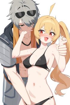 1boy 1girl absurdres ahoge alternate_costume bikini black_bikini blonde_hair blush breasts eyewear_on_head fingering grey_hair hetero highres long_hair luciana_de_montefio medium_breasts official_alternate_costume open_mouth short_hair simple_background sunglasses swimsuit w.k white_background wise_(peaceful_waves)_(zenless_zone_zero) wise_(zenless_zone_zero)
