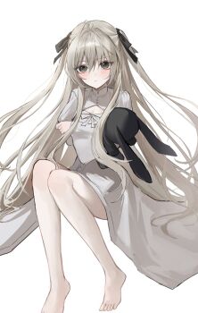 1girl aco_(aco_7313) antenna_hair barefoot black_ribbon blush bow breasts cleavage_cutout closed_mouth clothing_cutout commentary_request crossed_arms dress dress_bow eyes_visible_through_hair floating_hair frown full_body grey_eyes grey_hair hair_between_eyes hair_ribbon highres holding holding_stuffed_toy kasugano_sora knees_together_feet_apart knees_up long_hair long_sleeves looking_at_viewer ribbon sidelocks simple_background sitting small_breasts solo stuffed_animal stuffed_rabbit stuffed_toy tsurime two_side_up very_long_hair white_background white_bow white_dress wide_sleeves yosuga_no_sora
