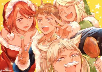 1boy 3girls animal_ears bare_shoulders blonde_hair breasts brown_eyes brown_hair cat_ears cat_girl chest_jewel christmas cleavage closed_eyes collarbone commentary_request dress facial_hair food green_hat grey_hair group_picture hat holding holding_food large_breasts meat metorurun multiple_girls mustache mythra_(xenoblade) nia_(xenoblade) off-shoulder_dress off_shoulder pyra_(xenoblade) red_dress red_eyes red_hair red_hat rex_(xenoblade) santa_hat short_hair v xenoblade_chronicles_(series) xenoblade_chronicles_2