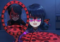 Rule 34 | 2girls, angry, black hair, blue background, blue eyes, blue hair, bodysuit, commentary request, double bun, hair bun, highres, ladybug (character), marinette dupain-cheng, mask, miraculous ladybug, mirror, multiple girls, open mouth, polka dot, red eyes, red mask, riri 04300430, shadybug, short twintails, smile, superhero costume, twintails