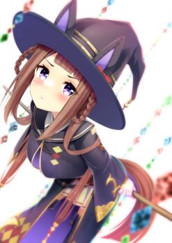 1girl animal_ears braid braided_hair_rings brown_hair commentary_request hair_rings hat horse_ears horse_girl horse_tail long_hair long_sleeves looking_at_viewer purple_eyes shirakawayuusan simple_background sitting solo sweep_tosho_(platanus_witch)_(umamusume) sweep_tosho_(umamusume) tail umamusume white_background witch_hat