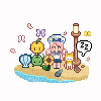 1girl animal apple artist_name bare_arms beach beret black_shoes blue_bow blue_bowtie blue_sailor_collar blue_skirt bow bow_legwear bowtie bug butterfly cat chinese_commentary cloak closed_eyes clothed_animal commentary_request conch flower food food-themed_creature fruit hair_ornament hairclip hat hat_bow hat_ornament highres hood hood_down hooded_cloak infinity_nikki insect kneehighs lamppost long_hair miniskirt momo_(nikki) nikki_(nikki) nikki_(series) ocean parody petals pink_butterfly pink_hair pixel_art pleated_skirt purple_butterfly red_bow red_bowtie sailor sailor_collar seashell shell shirt shoes shore short_sleeves simple_background skirt sleeping socks speech_bubble spoken_zzz star_(symbol) star_hat_ornament stardew_valley straight_hair style_parody sunflower tusi_xinxin watermark whiskers white_background white_cat white_hat white_shirt white_socks yellow_butterfly yellow_cloak yellow_flower zzz