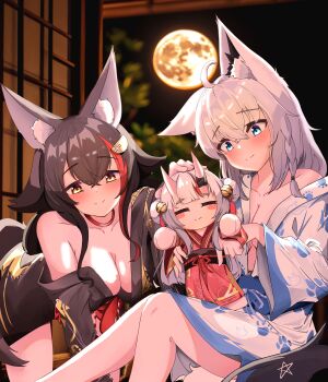 3girls absurdres animal_ears breasts closed_mouth commentary_request fox_ears fox_girl fox_tail grey_hair hair_between_eyes highres hololive japanese_clothes kimono large_breasts light_smile looking_at_viewer multiple_girls nakiri_ayame ookami_mio shirakami_fubuki single_bare_shoulder siw_(siw_0208) tail thighs virtual_youtuber wolf_ears wolf_girl wolf_tail yukata