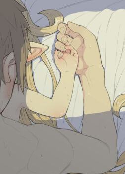 1boy 1girl bed_sheet blonde_hair blush brown_hair charlotta_(granblue_fantasy) ear_blush gran_(granblue_fantasy) granblue_fantasy harvin height_difference hetero holding_hands implied_sex loli long_hair nude pointy_ears short_hair size_difference sweat upper_body walkalone