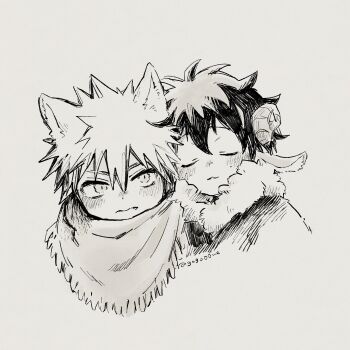 animal_ears bakugou_katsuki blush boku_no_hero_academia closed_eyes closed_mouth commentary_request cropped_torso curled_horns dot_nose double-parted_bangs fang fang_out fur-trimmed_jacket fur_trim gogo00ne hair_between_eyes highres horns jacket midoriya_izuku official_alternate_costume parted_lips shawl sheep_boy sheep_ears sheep_horns short_hair simple_background spiked_hair white_background wolf_boy wolf_ears