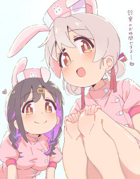 2girls :d alternate_costume animal_ears animal_print bare_arms bare_legs black_hair blush braid breasts brown_eyes child commentary double_bun dress grey_hair hair_bun hair_ornament hair_ribbon hairclip hands_on_own_knees hat heart highres long_hair looking_at_viewer medium_breasts multicolored_hair multiple_girls nazonaji nurse nurse_cap onii-chan_wa_oshimai! open_mouth oyama_mahiro oyama_mihari pink_dress puffy_short_sleeves puffy_sleeves purple_hair rabbit_ears rabbit_print red_ribbon ribbon short_sleeves siblings simple_background sisters smile squatting taut_clothes translated twin_braids two-tone_hair