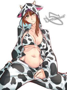 1girl absurdres braid breasts brown_hair bun_with_braided_base cleavage closed_mouth collarbone commentary cow_horns cow_print_bra cow_print_hoodie cow_print_panties dated duvalie eiyuu_densetsu english_commentary english_text front_zipper frown green_eyes hair_between_eyes hair_bun highres horns large_breasts looking_at_viewer moren_eh sen_no_kiseki_(series) short_hair single_hair_bun single_sidelock sitting solo unzipped unzipping upper_body