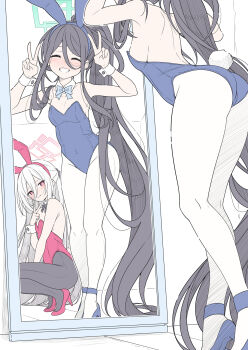 animal_ear_hairband animal_ears aqua_halo aris_(blue_archive) black_hair black_pantyhose blue_archive blue_leotard bow bowtie breasts closed_eyes covered_navel detached_collar double_v fake_animal_ears full-length_mirror grin hair_between_eyes hairband halo high_ponytail highres kei_(blue_archive) kei_(new_body)_(blue_archive) leotard loli long_hair looking_at_mirror mirror pantyhose pink_halo playboy_bunny ponytail rabbit_ear_hairband rabbit_ears rabbit_tail rectangular_halo red_eyes red_leotard reflection small_breasts smile squatting standing strapless strapless_leotard t1kosewad tail v very_long_hair white_hair white_pantyhose white_wrist_cuffs wrist_cuffs