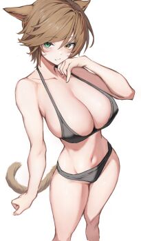 1girl animal_ears bikini black_bikini breasts brown_hair cat_ears cat_tail cleavage commentary_request facial_mark final_fantasy final_fantasy_xiv highres large_breasts looking_at_viewer miqo'te navel short_hair solo swimsuit tail torisanff14 warrior_of_light_(ff14) whisker_markings white_background