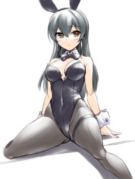 1girl animal_ears black_bow black_bowtie black_hair black_leotard black_pantyhose bow bowtie breasts brown_eyes commentary_request detached_collar idolmaster idolmaster_cinderella_girls leotard long_hair looking_at_viewer medium_breasts ohishi_izumi pantyhose pataneet playboy_bunny rabbit_ears simple_background sitting solo strapless strapless_leotard thigh_strap white_background wrist_cuffs