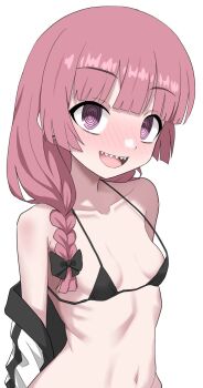 1girl arms_behind_back bare_shoulders bikini black_bikini blunt_bangs blush bocchi_the_rock! braid breasts hair_over_shoulder halulu highres hiroi_kikuri long_hair looking_at_viewer navel open_mouth pink_hair purple_eyes ringed_eyes sharp_teeth simple_background single_braid small_breasts smile solo swimsuit tareme teeth upper_body upper_teeth_only white_background