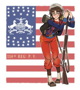 1girl absurdres american_civil_war american_flag backpack bag bayonet bedroll belt boots breasts brown_footwear brown_hair gaiters glasses green_eyes gun highres jacket leaning_forward looking_at_viewer medium_breasts military military_uniform mole musket pants red_pants scabbard sheath short_hair smile soldier tassel turban weapon willy_pete zouave