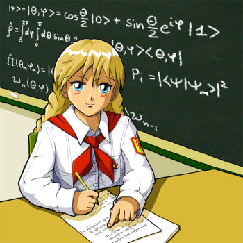 2ch.ru blonde_hair blue_eyes braid huyase mascot math physics ru-chans slavya-chan soviet_pioneer twin_braids writing